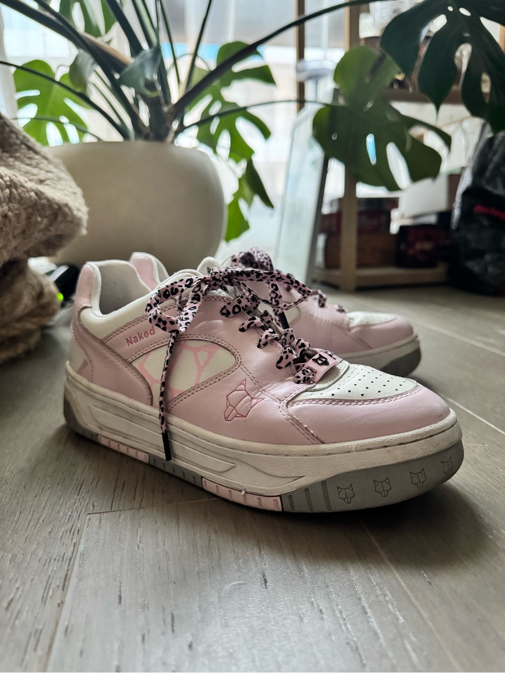Naked Wolfe Pink and White Chunky Low-Top Sneakers with Patterned Laces